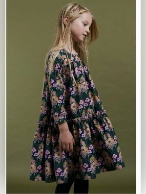 The middle daughter Floral Print LongSleeve Kids Dress - Green with Pink Flowers